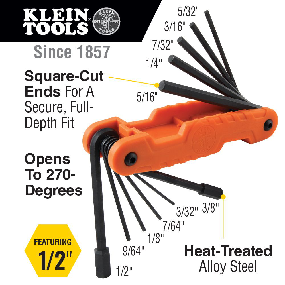 Klein 70550 Pro Folding Hex Key Set, 11 Fractional InchSized Keys