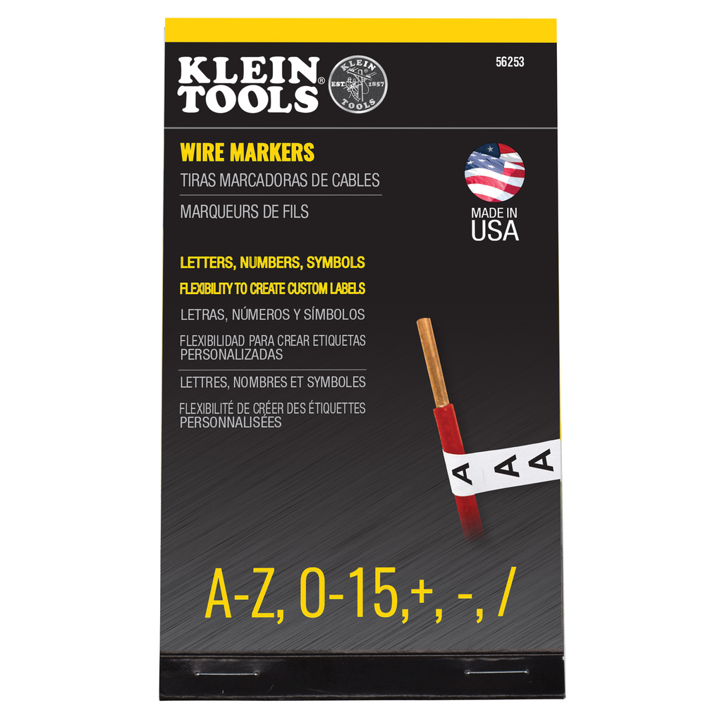 Product image for Klein 56253 Wire Marker Book, Black Letters A-Z, Numbers 0-15, Plus (+), Minus (-), Slash (/)