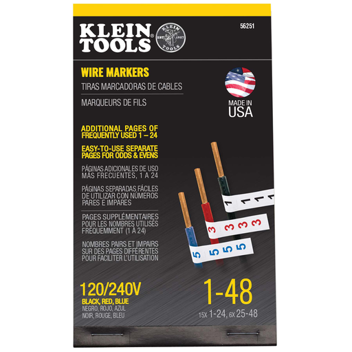 Product image for Klein 56251 Wire Marker Book, 120/240V 3 Phase Color Markers (Black, Blue & Red), Numerals 1-48