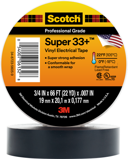 Product image for 3M 33+-2X36YD-1 Scotch® Super 33+ Vinyl Electrical Tape, 2 in X 36 yd, 1 in Core, Black, 1 roll/carton, 25 rolls/Case