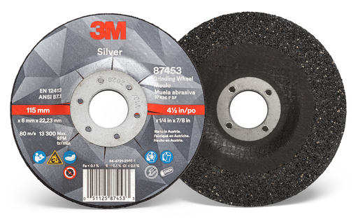 3M™ Silver Depressed Center Grinding Wheel, 87453, T27, 4.5 in x 1/4 in x 7/8 in, 10 per inner, 20 per case