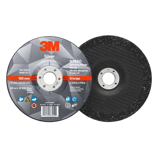 3M™ Silver Depressed Center Grinding Wheel, 87450, T27, 6 in x 1/4 in x 7/8 in, 10 per inner, 20 per case