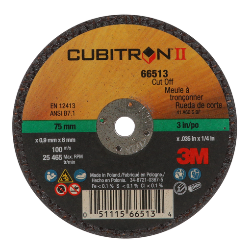 3Mâ„¢ Cubitronâ„¢ II Cut-Off Wheel, 66513, 60, T1, 75 mm x 0.9 mm x 6.35 mm, 25/Inner, 50 ea/Case