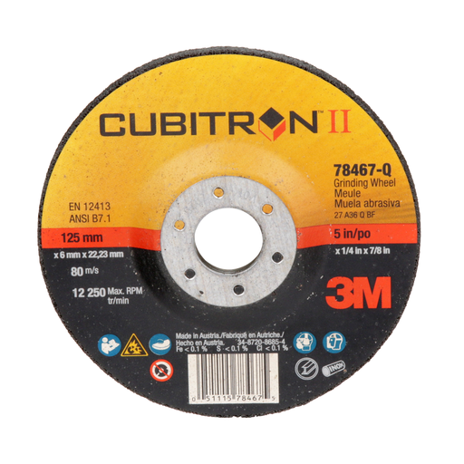3M Cubitron II Depressed Center Grinding Wheel, 78467, 36, T27, 125 mm x 6 mm x 22.23 mm, 10/Carton, 20 ea/Case