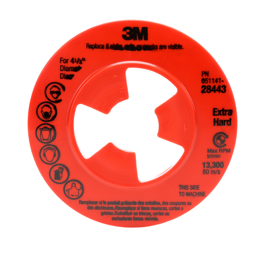3M Disc Pad Face Plate Ribbed 28443, 4-1/2 in Extra Hard Red, 10 ea/Case