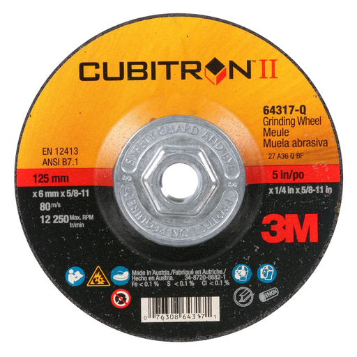 3M Cubitron II Depressed Center Grinding Wheel, 64317, Quick Change, Type 27, 5 in x 1/4 in x 5/8"-11, 10/Carton, 20 ea/Case