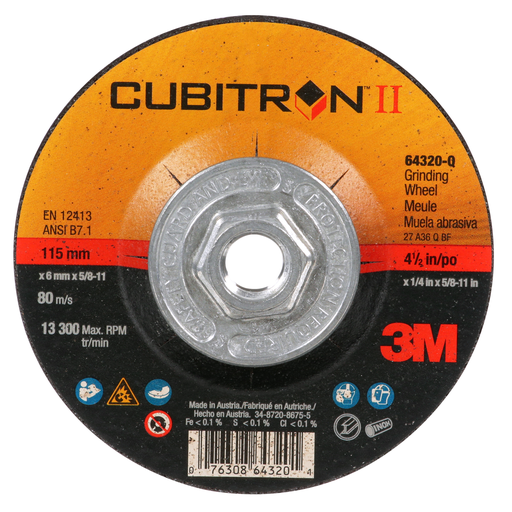 3M Cubitron II Depressed Center Grinding Wheel, 64320, T27 Quick Change, 4-1/2 in x 1/4 in x 5/8-11, 10 per inner, 20 per case