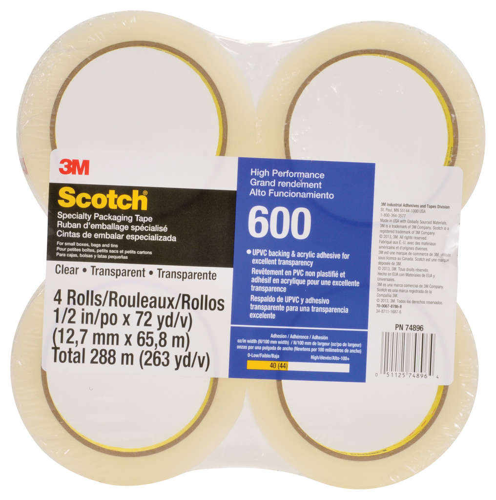 3M 7010290658 Scotch Light Duty Packaging Tape 600 Clear High Clarity