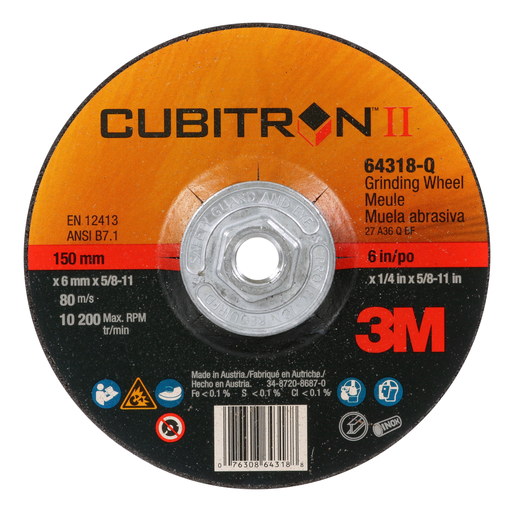 3M Cubitron II Depressed Center Grinding Wheel, 64318, Quick Change, Type 27, 6 in x 1/4 in x 5/8"-11, 10/Carton, 20 ea/Case