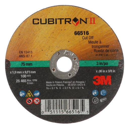 3M Cubitron II Cut-Off Wheel, 66516, 60, T1, 75 mm x 1.6 mm x 9.53 mm, 25/Inner, 50 ea/Case