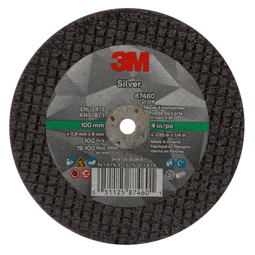 3M Silver Cut-Off Wheel, 87460, T1, 4 in x .035 in x 1/4 in, 50 ea/Case