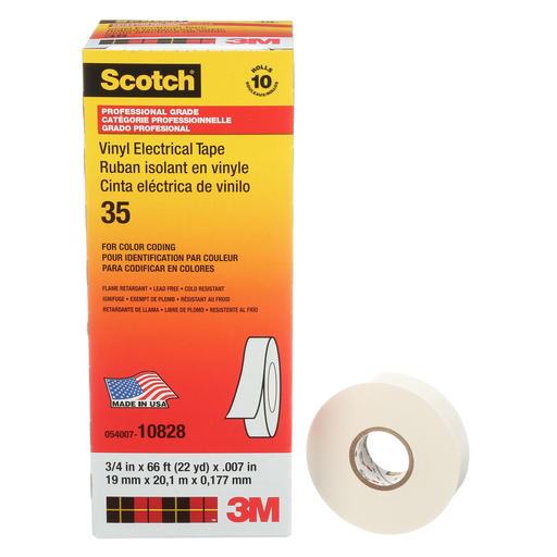 Scotch Vinyl Color Coding Electrical Tape 35, 3/4 in x 66 ft, White, 10 rolls/carton, 100 rolls/Case