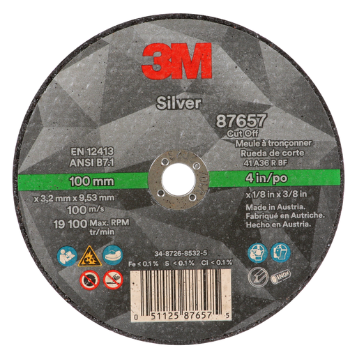 3M Silver Cut-Off Wheel, 87657, Type 1, 4 in x 1/8 in x 3/8 in, 50 ea/Case