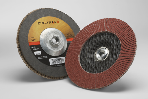 3M Cubitron II Flap Disc 967A, 40+, T27 Quick Change, 7 in x 5/8"-11, 5 ea/Case