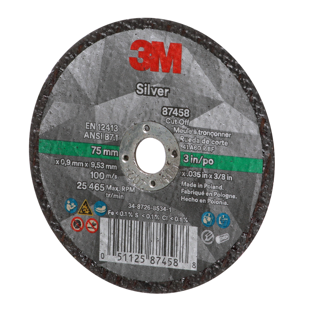 3M Silver CutOff Wheel, 87458, T1, 3 in x .035 in x 3/8 in, 50 ea/Case