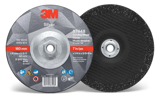 3M Silver Depressed Center Grinding Wheel, 87448, T27 Quick Change, 7 in x 1/4 in x 5/8 in-11 in, 10/Carton, 20 ea/Case