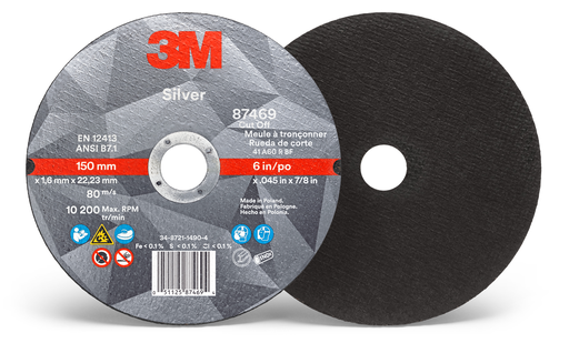 3M Silver Cut-Off Wheel, 87469, T1, 6 in x .045 in x 7/8 in, 25/Carton, 50 ea/Case