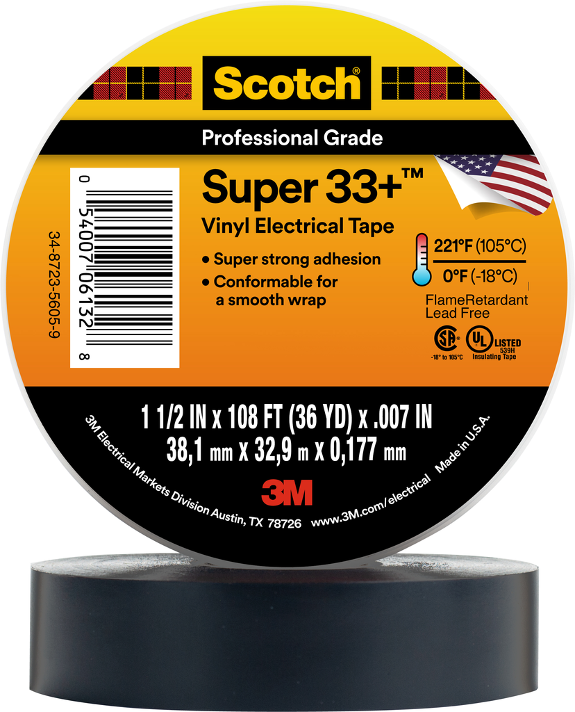 Product image for 3M 33+SUPER 1-1/2* x 36yd Scotch® Vinyl Electrical Tape, Black (7000031512)