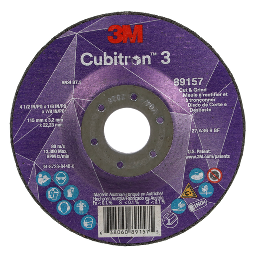 3M™ Cubitron™ 3 Cut and Grind Wheel, 89157, 36+, T27, 4-1/2 in x 1/8 in x 7/8 in (115 x 3.2 x 22.23 mm), ANSI, 10/Pack, 20 ea/Case