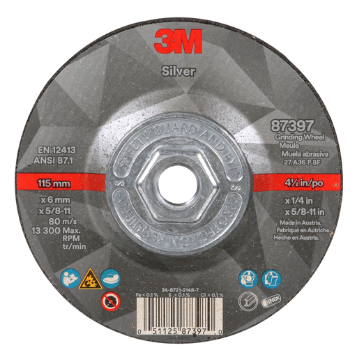 3M™ Silver Depressed Center Grinding Wheel, 87397, 36+, T27 Quick Change, 4.5 in x 1/4 in x 5/8 in-11, 10/Carton, 20 ea/Case