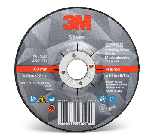 3M™ Silver Depressed Center Grinding Wheel, 87456, 36+, T27, 4 in x 1/4 in x 5/8 in, 10/Carton, 20 ea/Case