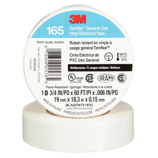 Mayer-DDS-3M™ Temflex™ Vinyl Electrical Tape 165, White, 3/4 in x 60 ft (19 mm x 18 m), 6 mil, 100 Rolls/Case-1