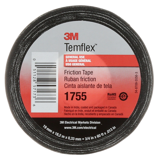 Mayer-DDS-3M™ Temflex™ Cotton Friction Tape 1755, 3/4 in x 60 ft, Black, 20 rolls/Case-1