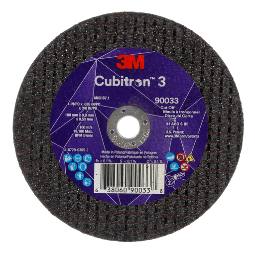 3M™ Cubitron™ 3 Cut-Off Wheel, 90033, 60+, T1, 4 in x 0.035 in x 3/8 in (100 x 0.9 x 9.53 mm), ANSI, 25/Pack, 50 ea/Case