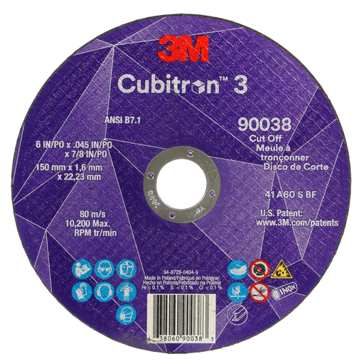 3M™ Cubitron™ 3 Cut-Off Wheel, 90038, 60+, T1, 6 in x 0.045 in x 7/8 in (150 x 1.6 x 22.23 mm), ANSI, 25/Pack, 50 ea/Case