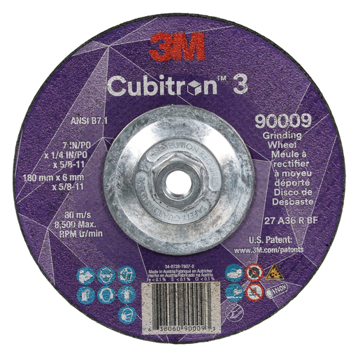 3M™ Cubitron™ 3 Depressed Center Grinding Wheel, 90009, 36+, T27, 7 in x 1/4 in x 5/8 in-11 (180x6mmx5/8-11in), ANSI, 10 ea/Case