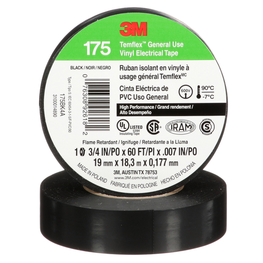 Mayer-DDS-3M™ Temflex™ Vinyl Electrical Tape 175, Black, 3/4 in x 60 ft (19 mm x 18 m), 7 mil, 100 Rolls/Case-1