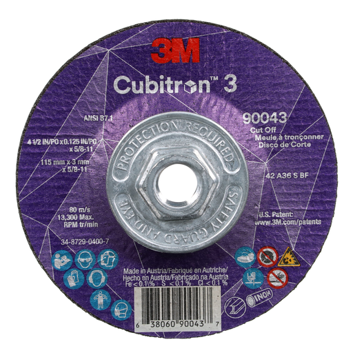 3M™ Cubitron™ 3 Cut-Off Wheel, 90043, 36+, T27, 4-1/2 in x 0.125 in x 5/8 in-11 (115 x 3 mm x 5/8-11 in), ANSI, 10 ea/Case