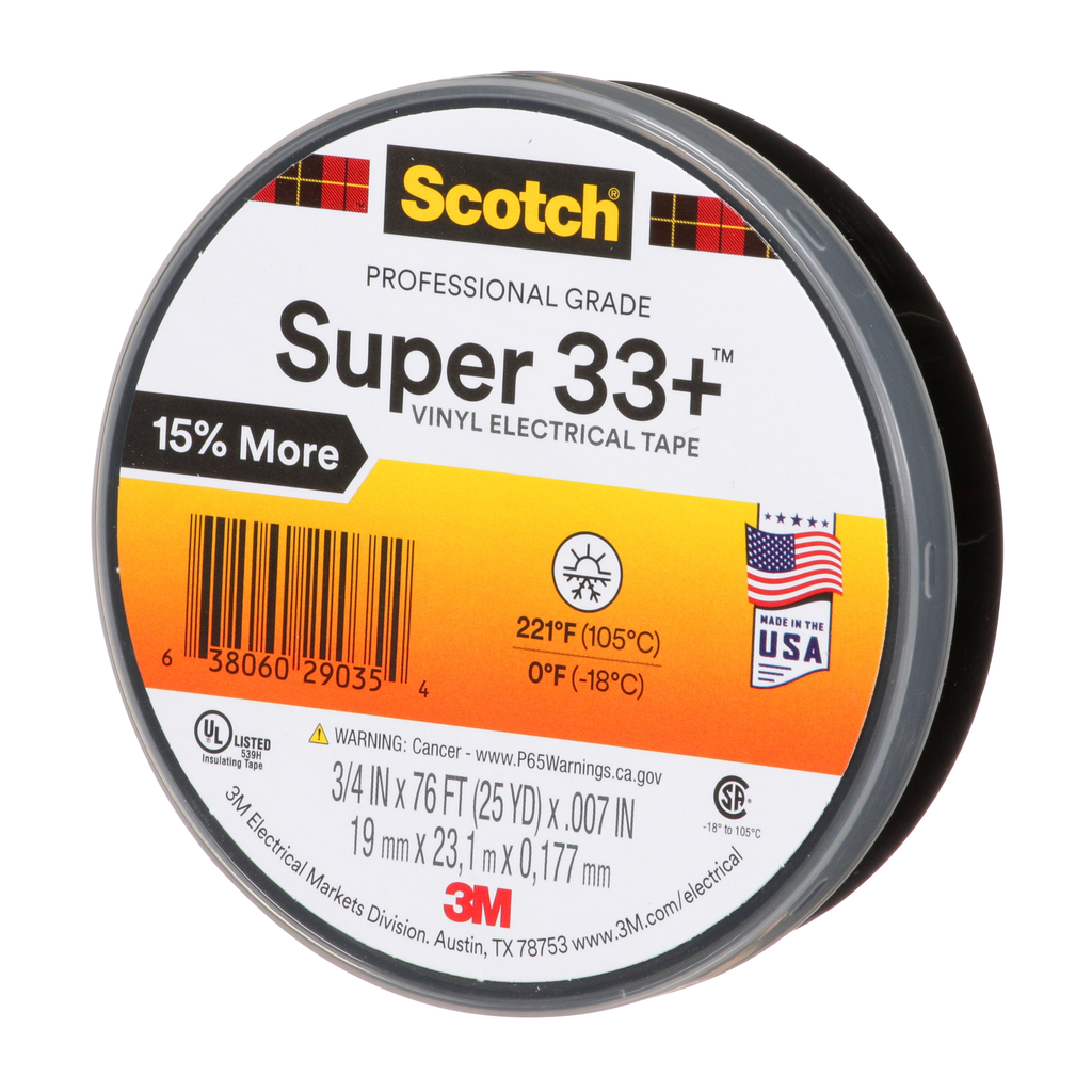 Mayer-DDS-Scotch® Super 33+ Vinyl Electrical Tape, 3/4 in x 76 ft, 1 in Core, Black, 10 rolls/carton, 100 rolls/Case-2