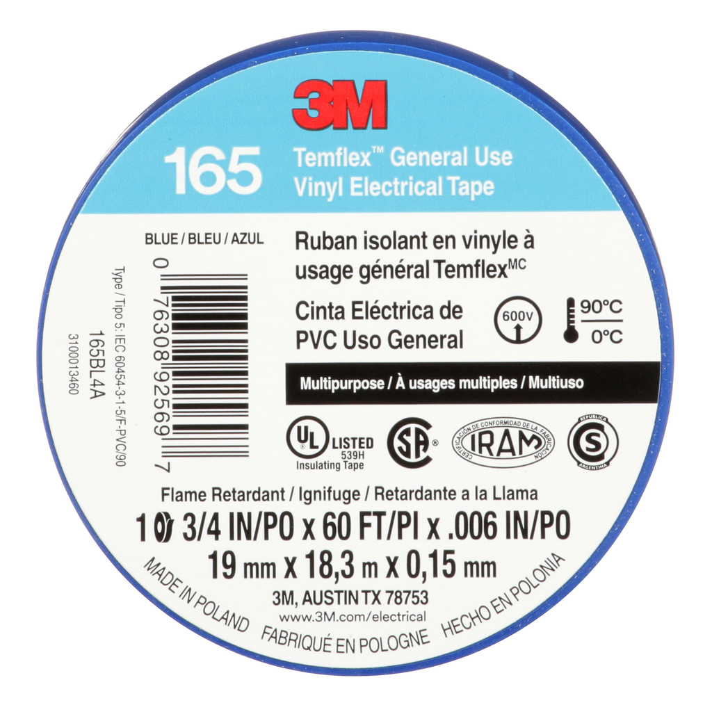 Mayer-DDS-3M™ Temflex™ Vinyl Electrical Tape 165, Blue, 3/4 in x 60 ft (19 mm x 18 m), 6 mil, 100 Rolls/Case-2