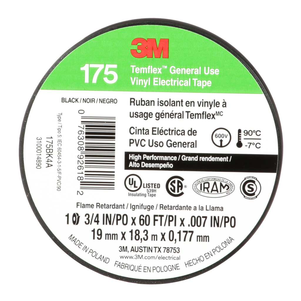 Mayer-DDS-3M™ Temflex™ Vinyl Electrical Tape 175, Black, 3/4 in x 60 ft (19 mm x 18 m), 7 mil, 100 Rolls/Case-2