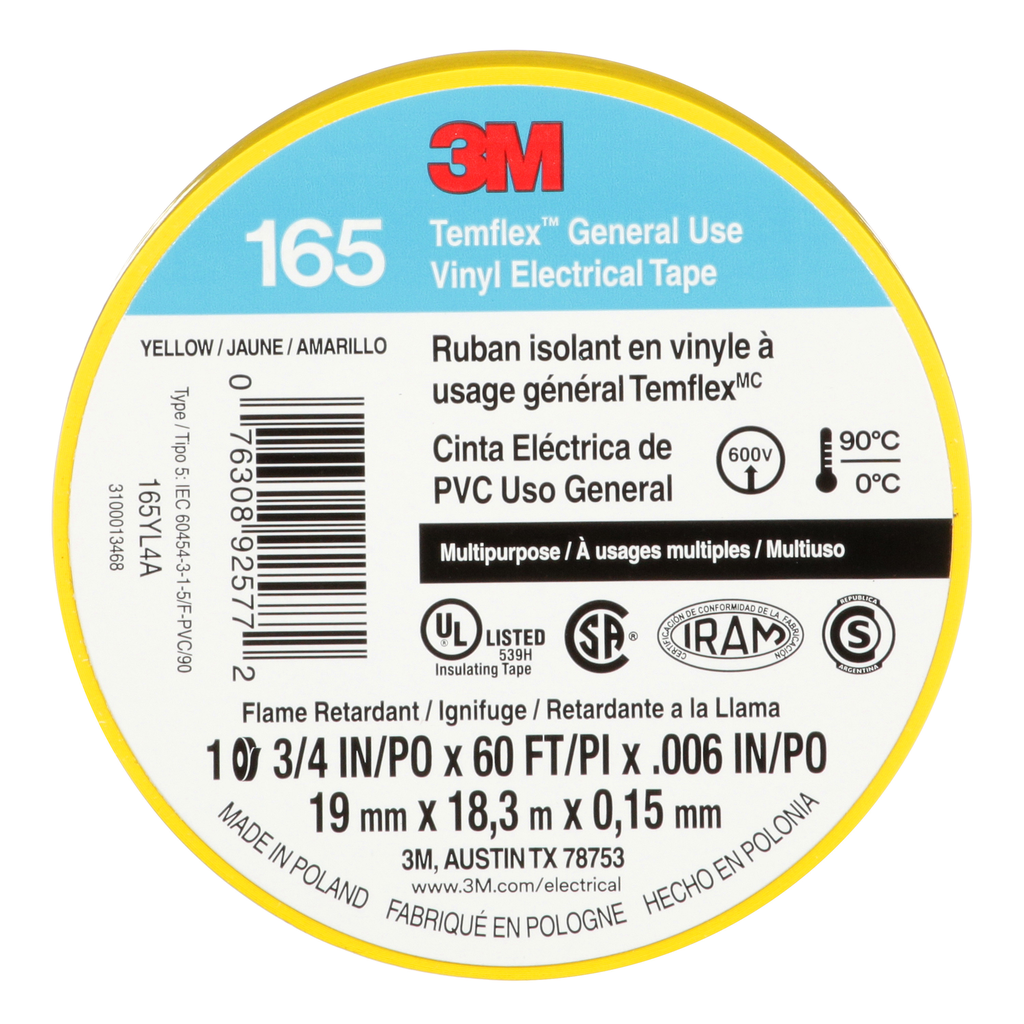 Mayer-DDS-3M™ Temflex™ Vinyl Electrical Tape 165, Yellow, 3/4 in x 60 ft (19 mm x 18 m), 6 mil, 100 Rolls/Case-2