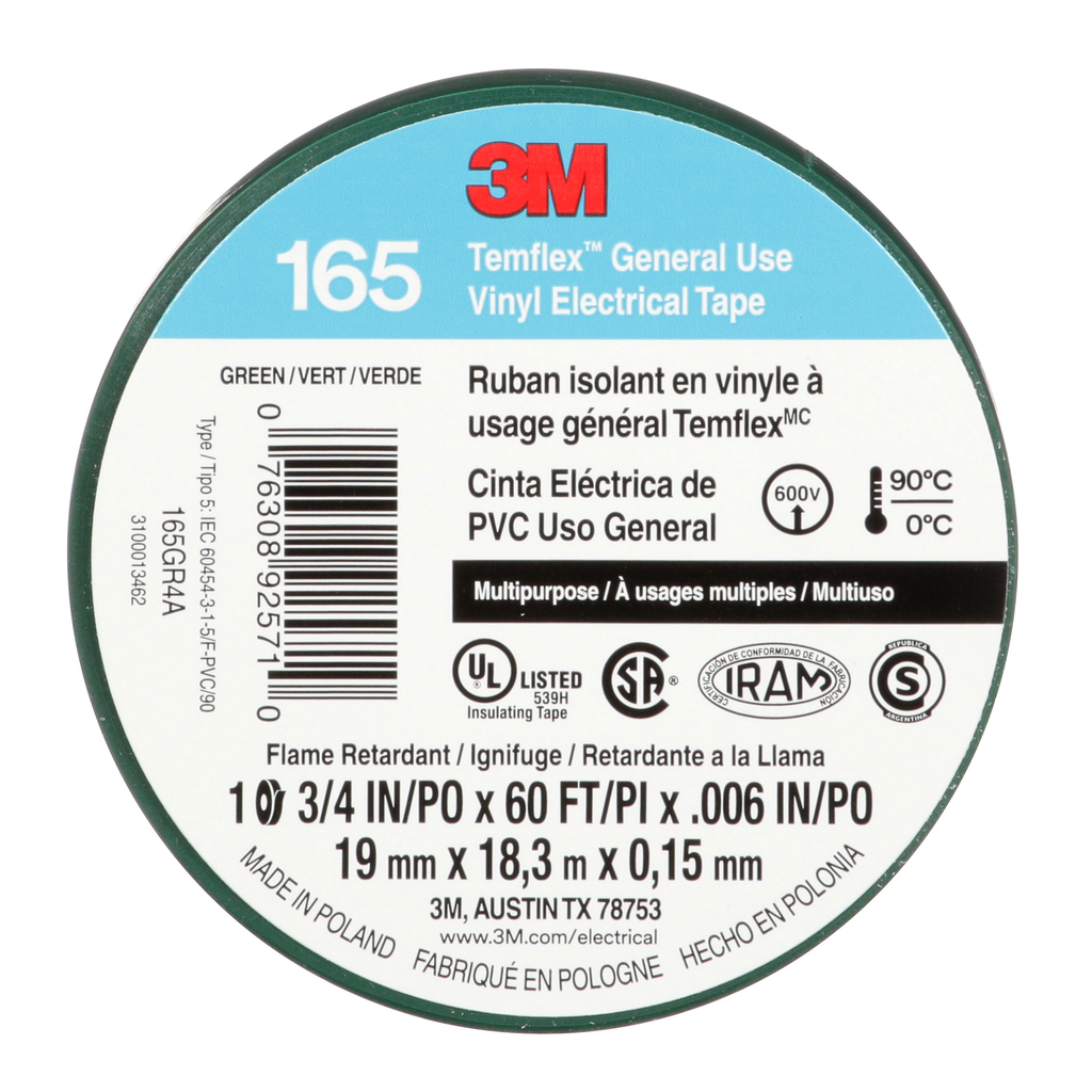 Mayer-DDS-3M™ Temflex™ Vinyl Electrical Tape 165, Green, 3/4 in x 60 ft (19 mm x 18 m), 6 mil, 100 Rolls/Case-2