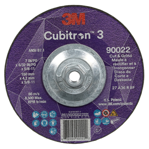 3Mâ„¢ Cubitronâ„¢ 3 Cut and Grind Wheel, 90022, 36+, T27, 7 in x 5/32 in x 5/8 in-11 (180 x 4.2 mm x 5/8-11 in), ANSI, 10 ea/Case