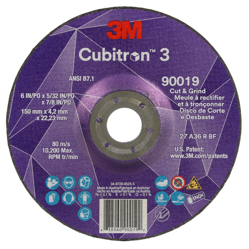 3Mâ„¢ Cubitronâ„¢ 3 Cut and Grind Wheel, 90019, 36+, T27, 6 in x 5/32 in x 7/8 in (150 x 4.2 x 22.23 mm), ANSI, 10/Pack, 20 ea/Case