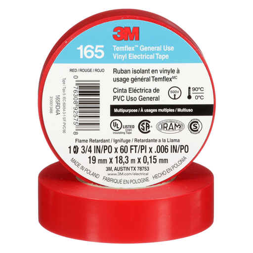 7100169492 - 3Mâ„¢ Temflexâ„¢ Vinyl Electrical Tape 165, Red, 3/4 in x 60 ft (19 mm x 18 m), 6 mil, 100 Rolls/Case