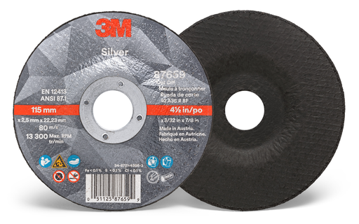 3M™ Silver Cut-Off Wheel, 87659, 36+, T27, 4.5 in x 3/32 in x 7/8 in, 50 ea/Case