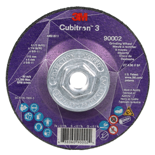 3Mâ„¢ Cubitronâ„¢ 3 Depressed Center Grinding Wheel, 90002, 36+, T27, 4-1/2 in x 1/4 in x 5/8 in-11(115x6mmx5/8-11in) ANSI, 10 ea/Case