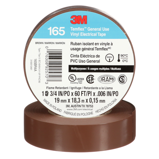7100169191 - 3Mâ„¢ Temflexâ„¢ Vinyl Electrical Tape 165, Brown, 3/4 in x 60 ft (19 mm x 18 m), 6 mil, 100 Rolls/Case