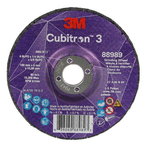 3Mâ„¢ Cubitronâ„¢ 3 Depressed Center Grinding Wheel, 88989, 36+, T27, 4 in x 1/4 in x 5/8 in (100x6x15.88mm) ANSI, 10/Pack, 20 ea/Case