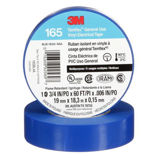 7100169429 - 3Mâ„¢ Temflexâ„¢ Vinyl Electrical Tape 165, Blue, 3/4 in x 60 ft (19 mm x 18 m), 6 mil, 100 Rolls/Case