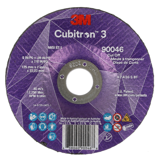 3M™ Cubitron™ 3 Cut-Off Wheel, 90046, 36+, T27, 5 in x 0.09 in x 7/8 in (125 x 2 x 22.23 mm), ANSI, 25/Pack, 50 ea/Case