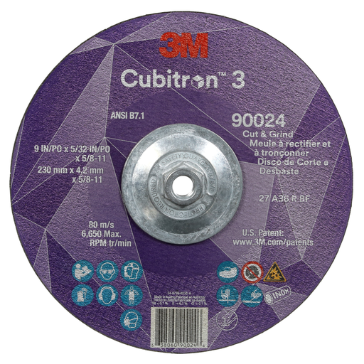3M™ Cubitron™ 3 Cut and Grind Wheel, 90024, 36+, T27, 9 in x 5/32 in x 5/8 in-11 (230 x 4.2 mm x 5/8-11 in), ANSI, 10 ea/Case