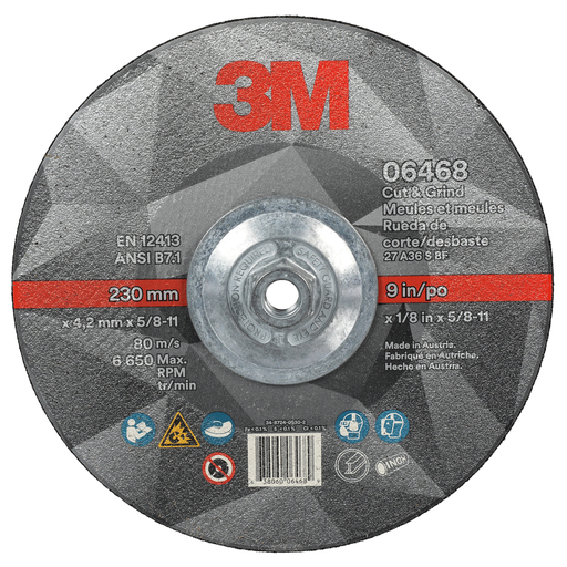 3Mâ„¢ Cut & Grind Wheel, 06468, 36+, T27 Quick Change, 9 in x 1/8 in x 5/8 in-11, 10/Carton, 20 ea/Case