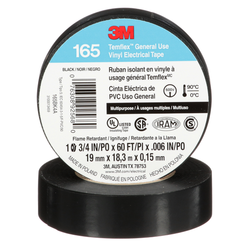 3Mâ„¢ Temflexâ„¢ Vinyl Electrical Tape 165, Black, 3/4 in x 60 ft x .006 in, 100 Rolls/Case