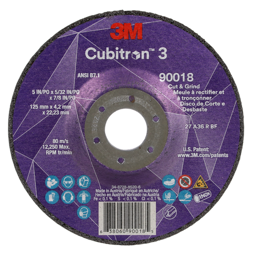 3M™ Cubitron™ 3 Cut and Grind Wheel, 90018, 36+, T27, 5 in x 5/32 in x7/8 in (125 x 4.2 x 22.23 mm), ANSI, 10/Pack, 20 ea/Case